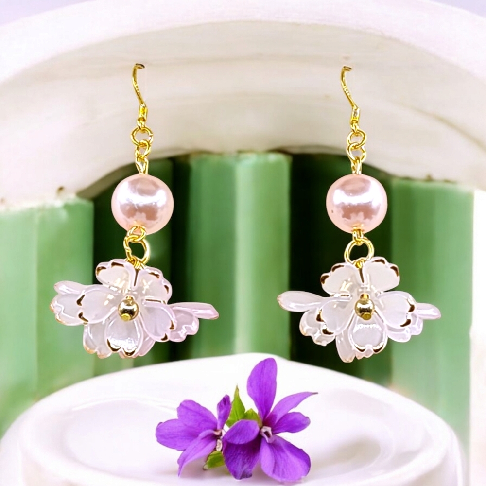 Handmade Gold and Pink Floral Drop Earrings